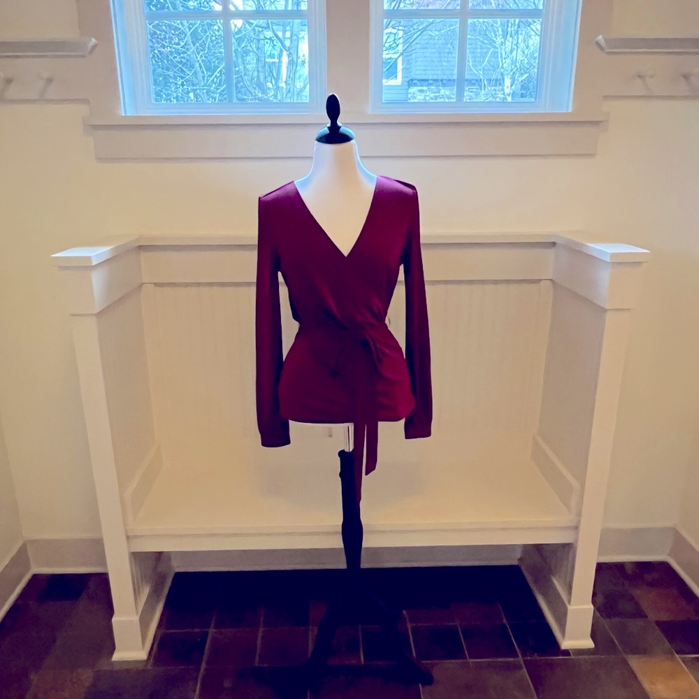 Ann Taylor, long-sleeve, wrap around, tie-belt blouse. Burgundy/maroon/dark red.